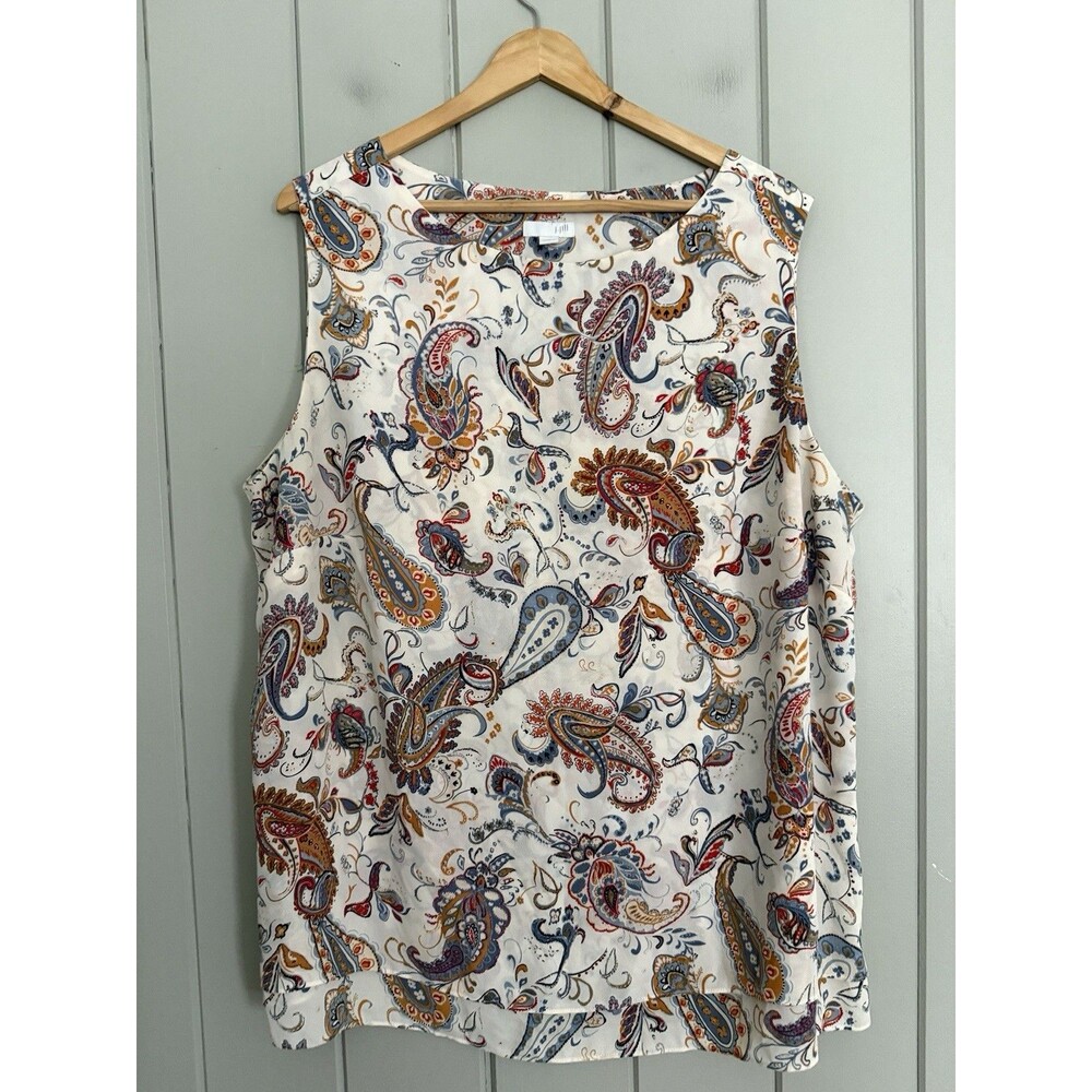 J. Jill Tunic Tank Top 2X Chiffon Beige Blue Paisley Sleeveless Boho Beach Plus